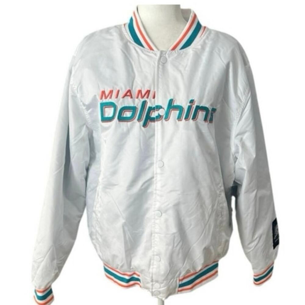 Miami Dolphins white  bomber jacket Sz L NFL game day football clean fresh look